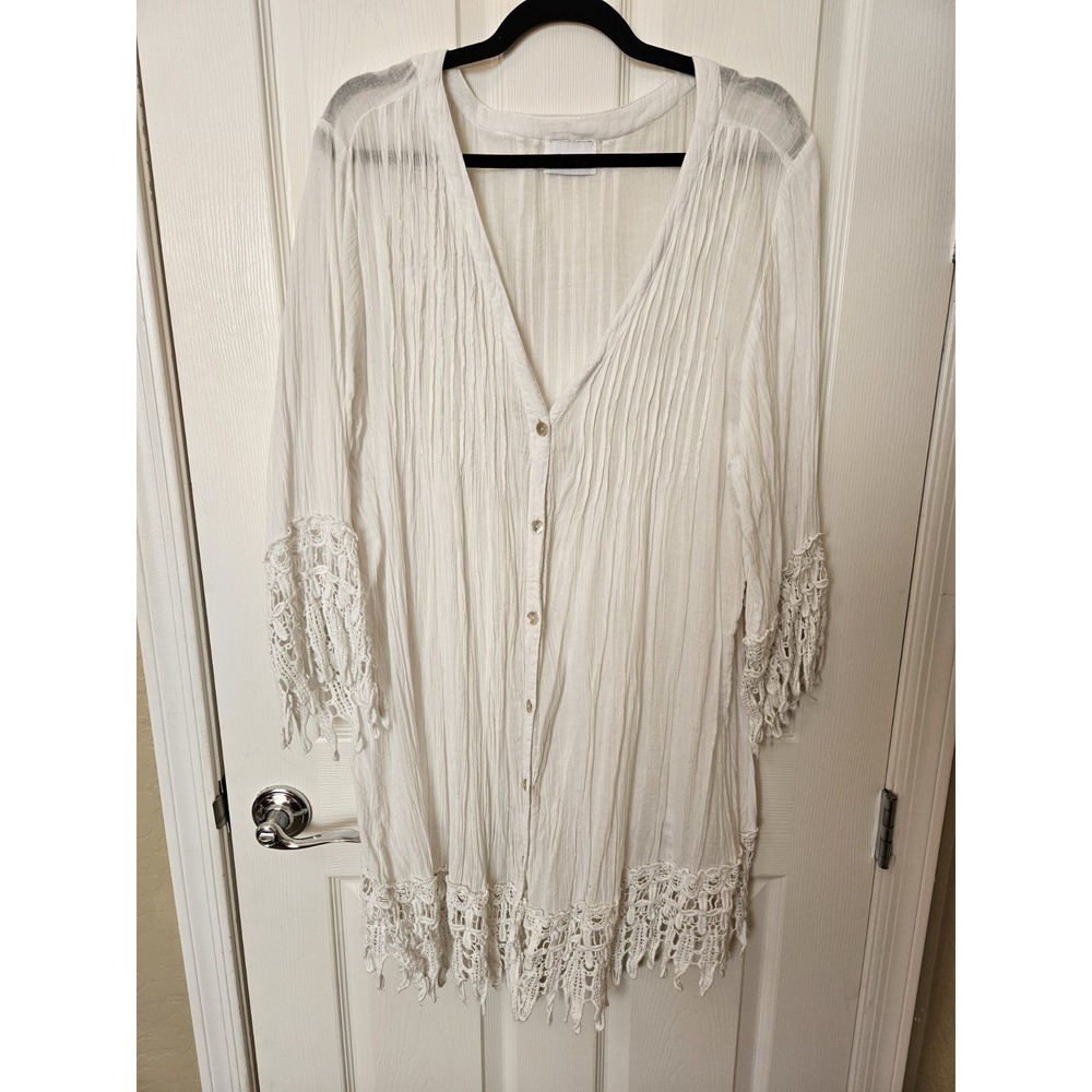 SwimsuitsForAll White Button-Front Cover-Up Pleated Lace Detail Tunic, Plus 24